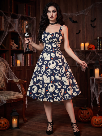 Black 1950s Halloween Skeleton Print A-Line Dress