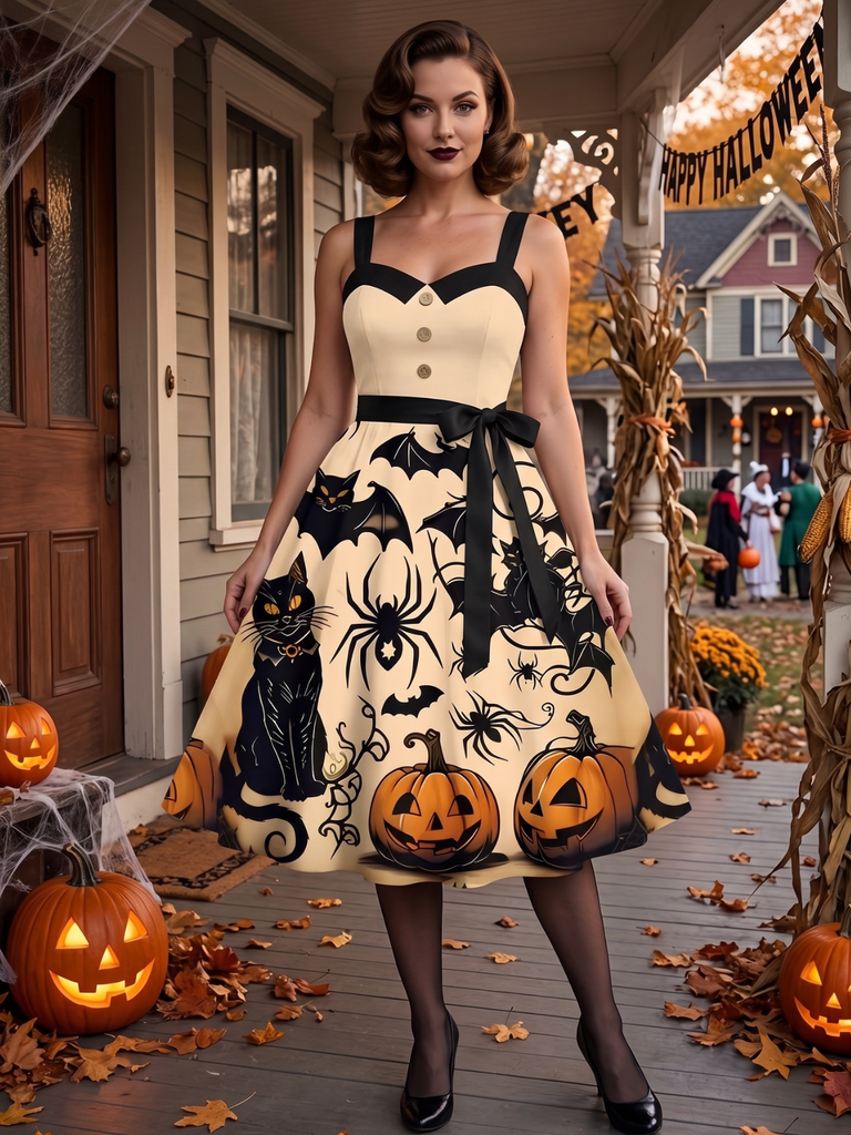 Orange 1950s Halloween Pumpkin Cat Bat Print Swing Dress
