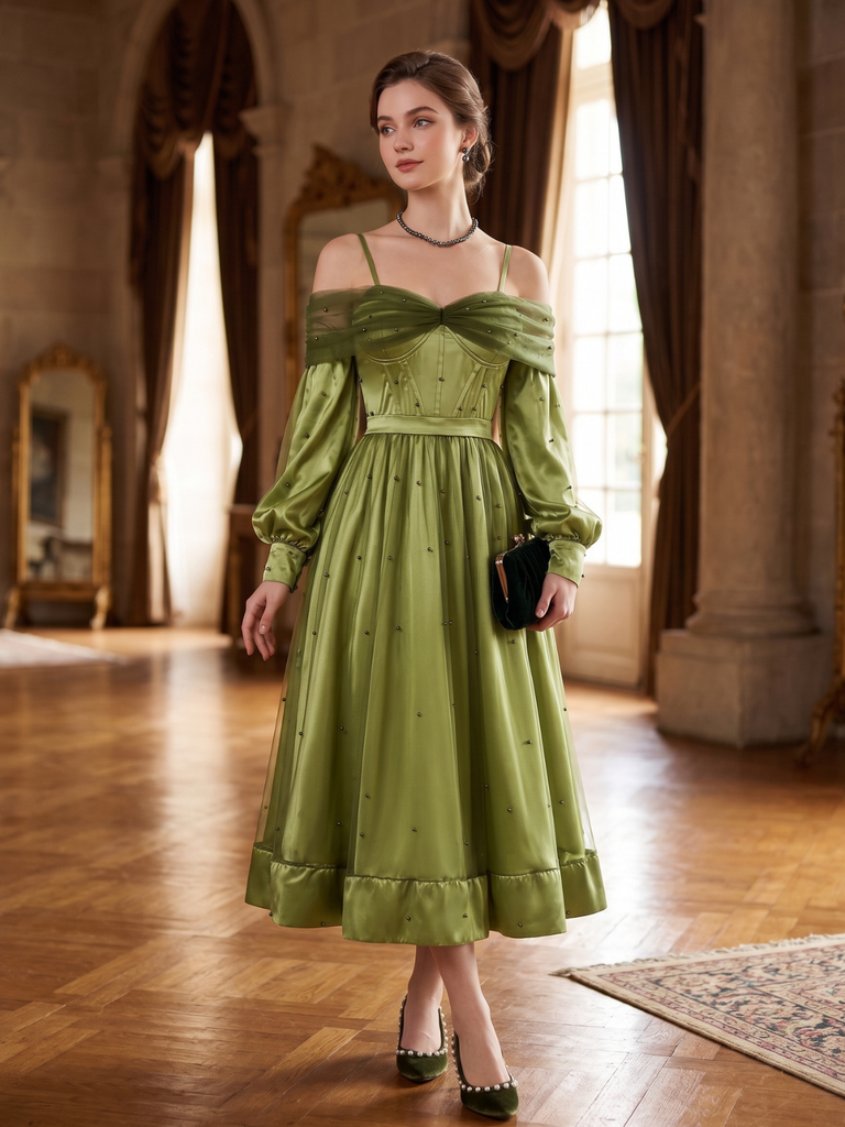 Chartreuse 1950s Pearl Mesh Patchwork Satin Dress