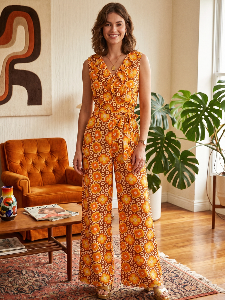 1970s V-Neck Floral Belted Sleeveless Jumpsuit