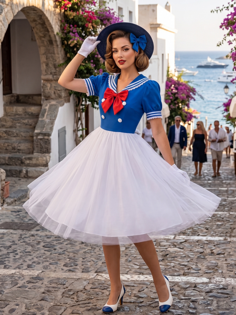 White & Blue 1950s Halloween Nautical Sailor Cosplay Dress Set