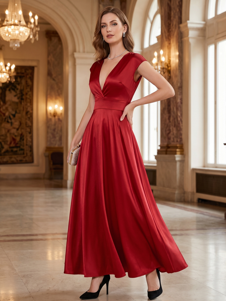 1930s Solid Deep V-Neck Satin Dress