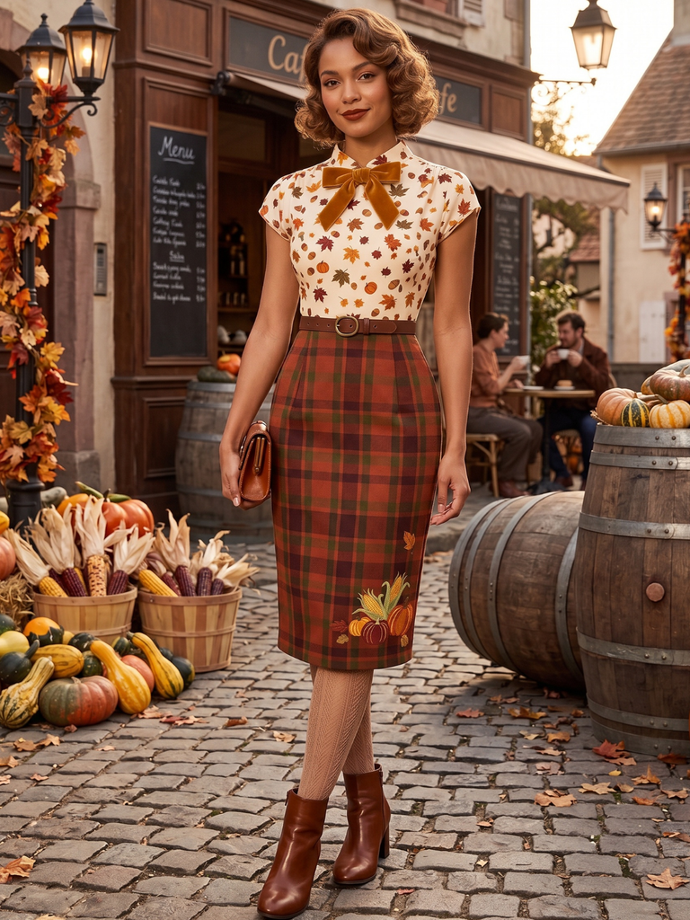Brown 1960s Thanksgiving Pumpkin Pencil Dress