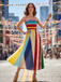 1970s Rainbow Pleated Strapless Maxi Dress