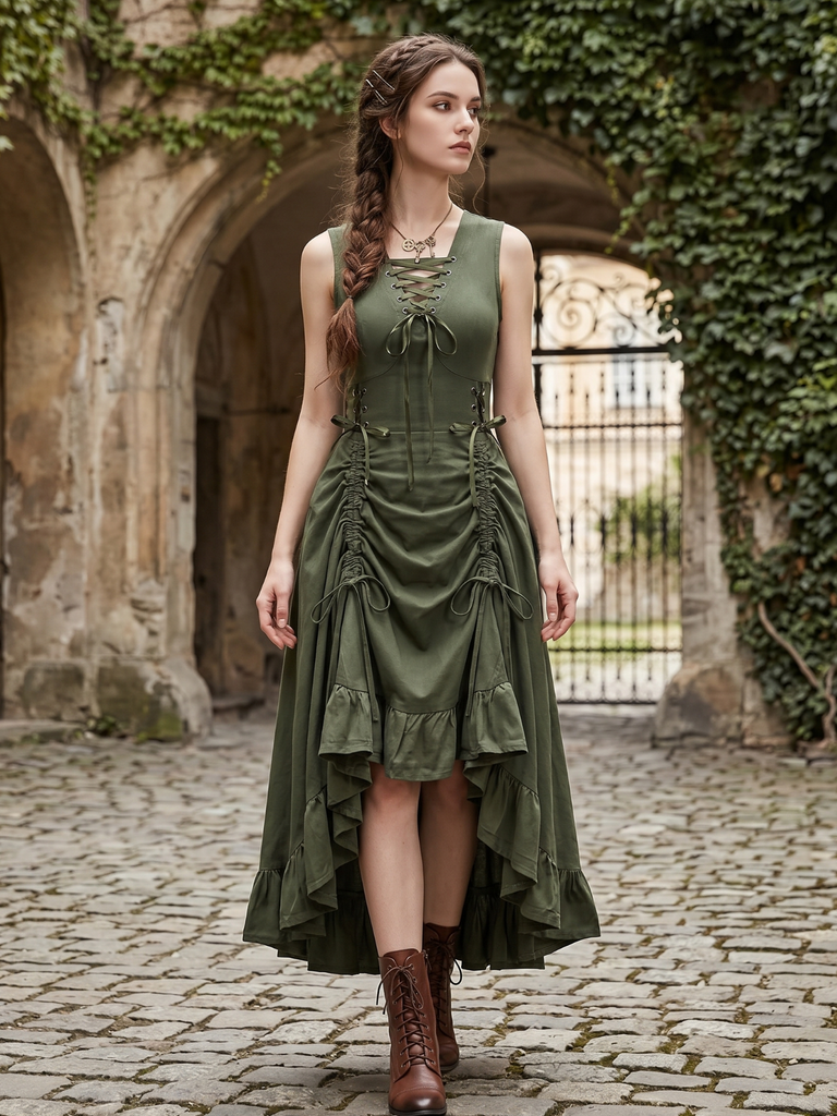 1940s Solid Sleeveless Drawstring Lace-Up Dress