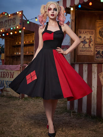 Red&Black 1950s Solid Halter Dress