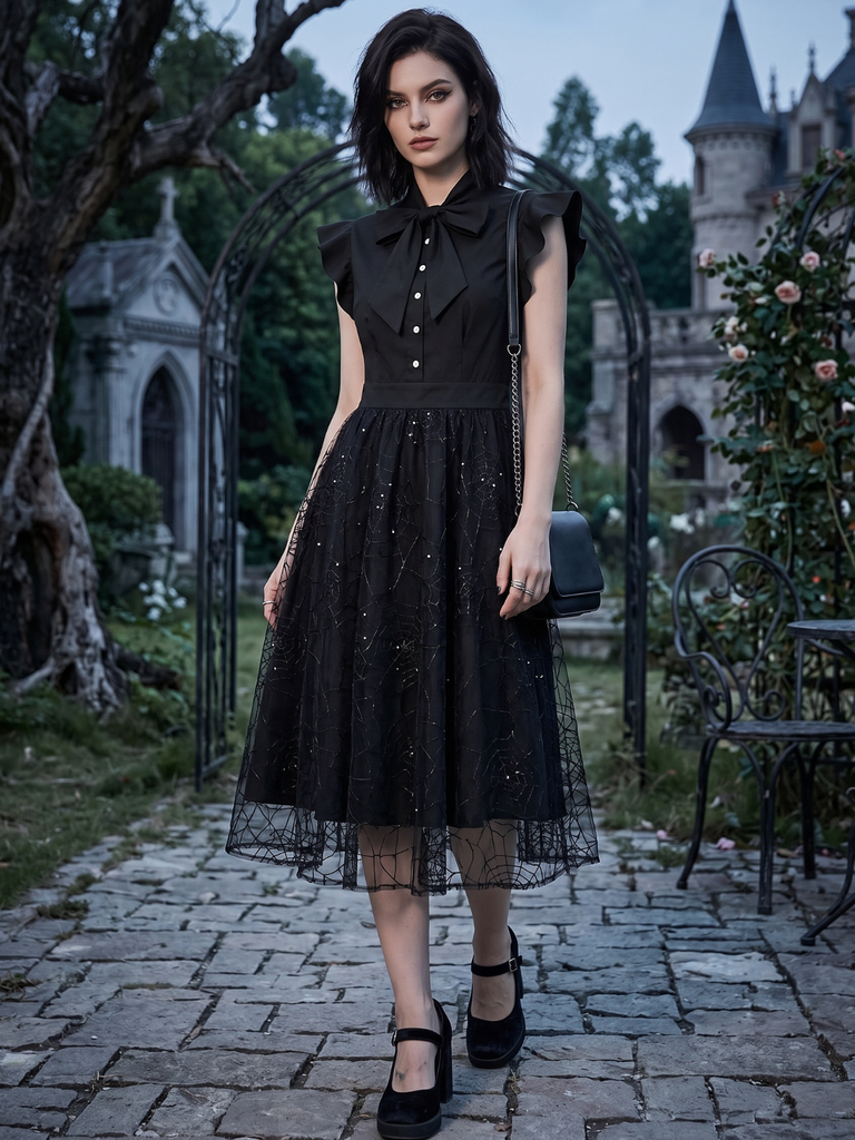 Black 1950s Sequined Spider Mesh Dress