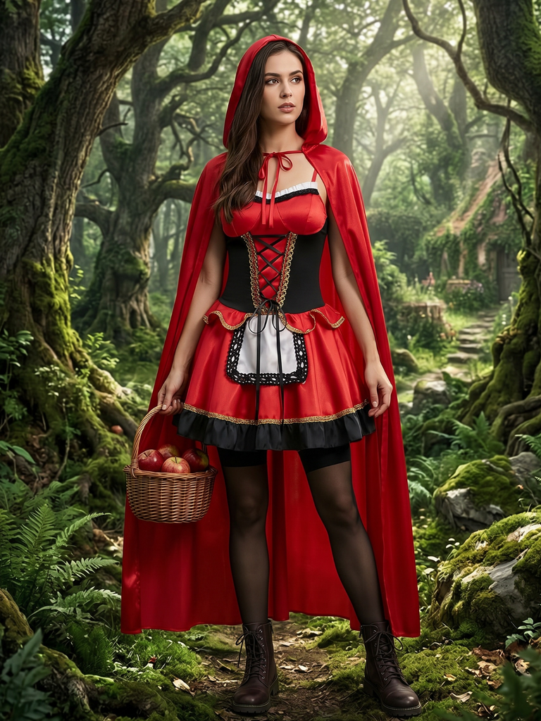 2PCS Red 1970s Riding Hood Costume Cape With Corset Dress