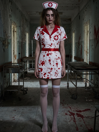 White 1980s Blood Splatter Nurse Halloween Costume Set