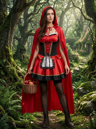 2PCS Red 1970s Riding Hood Costume Cape With Corset Dress