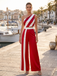 Red & White 1960s One-Shoulder Stripes Jumpsuit