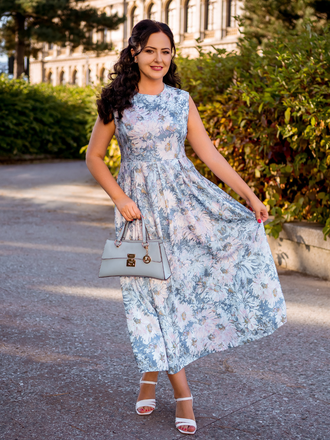 Blue 1950s All-Over Oil Painting Floral Sleeveless Dress