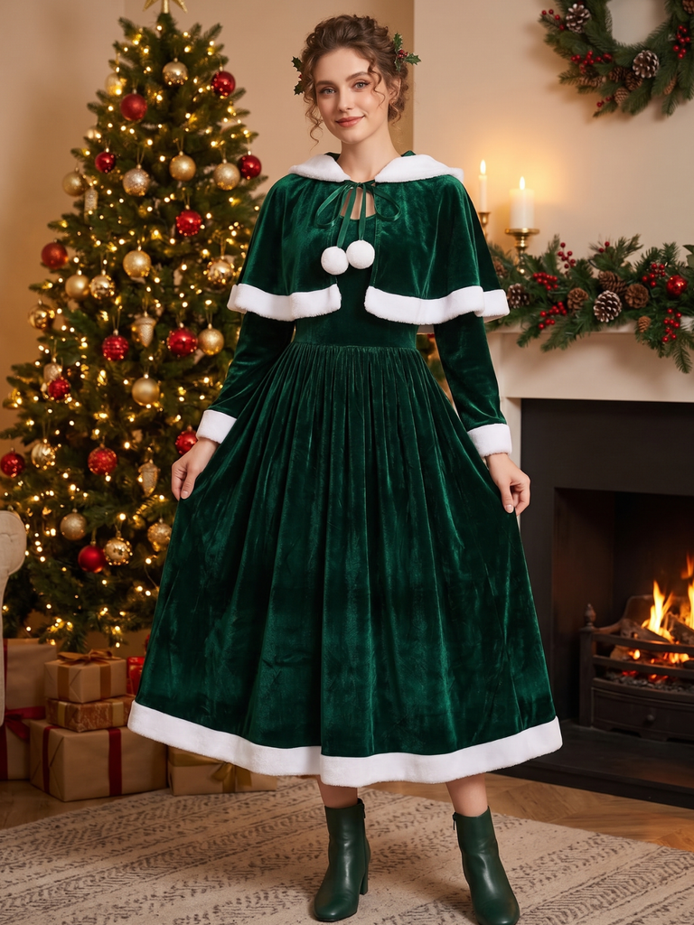 Green 1930s Christmas Mrs. Santa Claus Velvet Dress with Cape