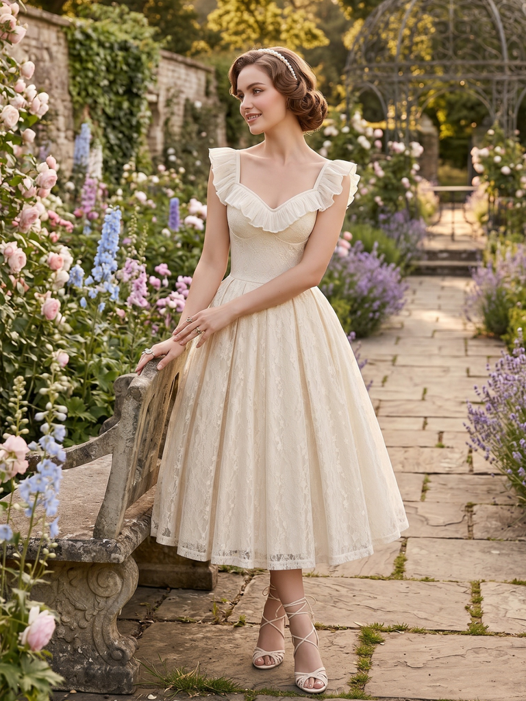 Beige 1950s Lace Ruffle Sweetheart Neck Swing Dress