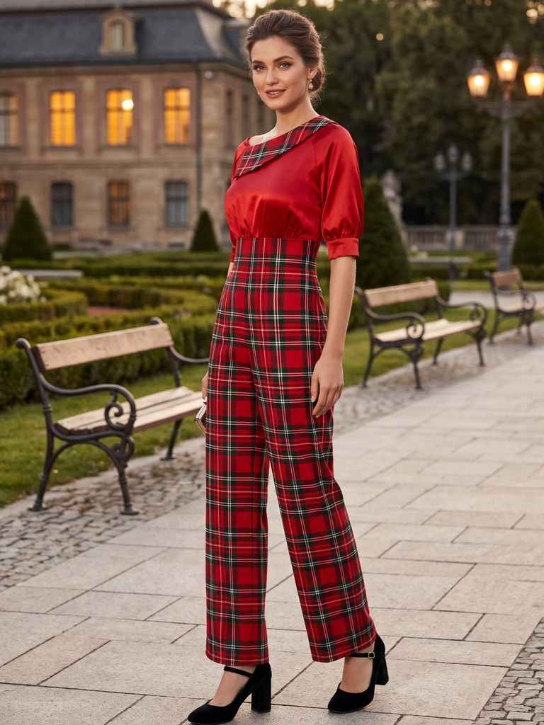 Red 1930s Christmas Plaid Short Sleeved Jumpsuit