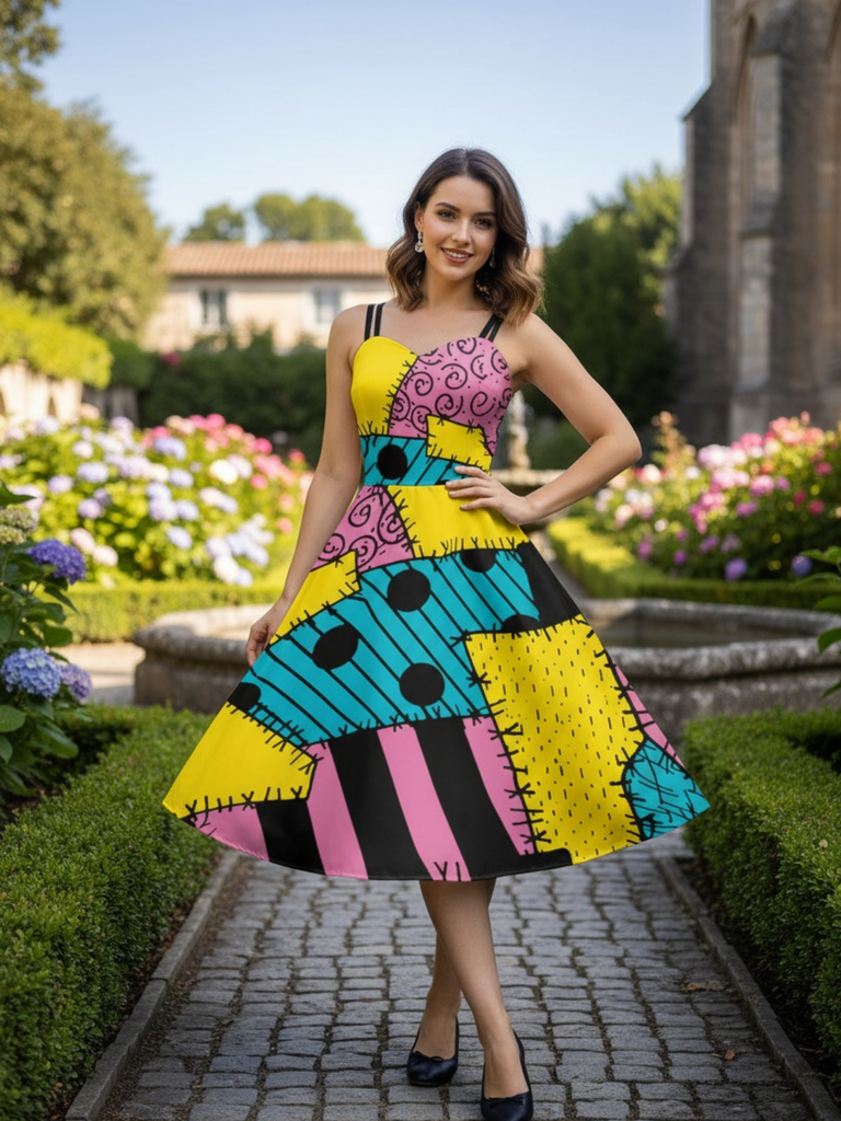 Multicolor 1950s Nightmare Before Christmas Sally Colorblock Dress