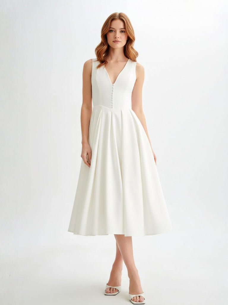 White 1950s Solid Sleeveless V-Neck Button Dress