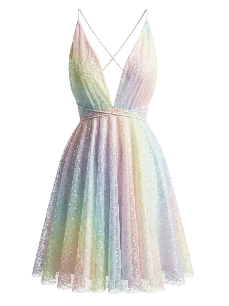 Front studio view of the pastel rainbow sequin dress highlighting the plunging neckline and high-waisted flared silhouette.