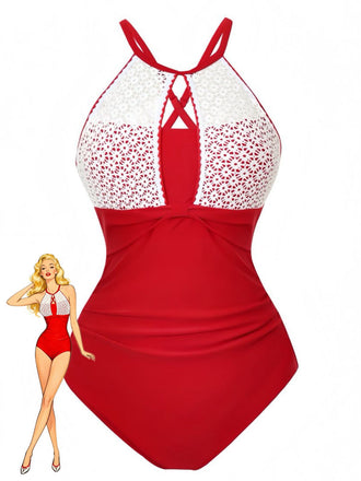 Red and white swimsuit with lace details on a white background