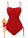 Red swimsuit with ruched design on a white background