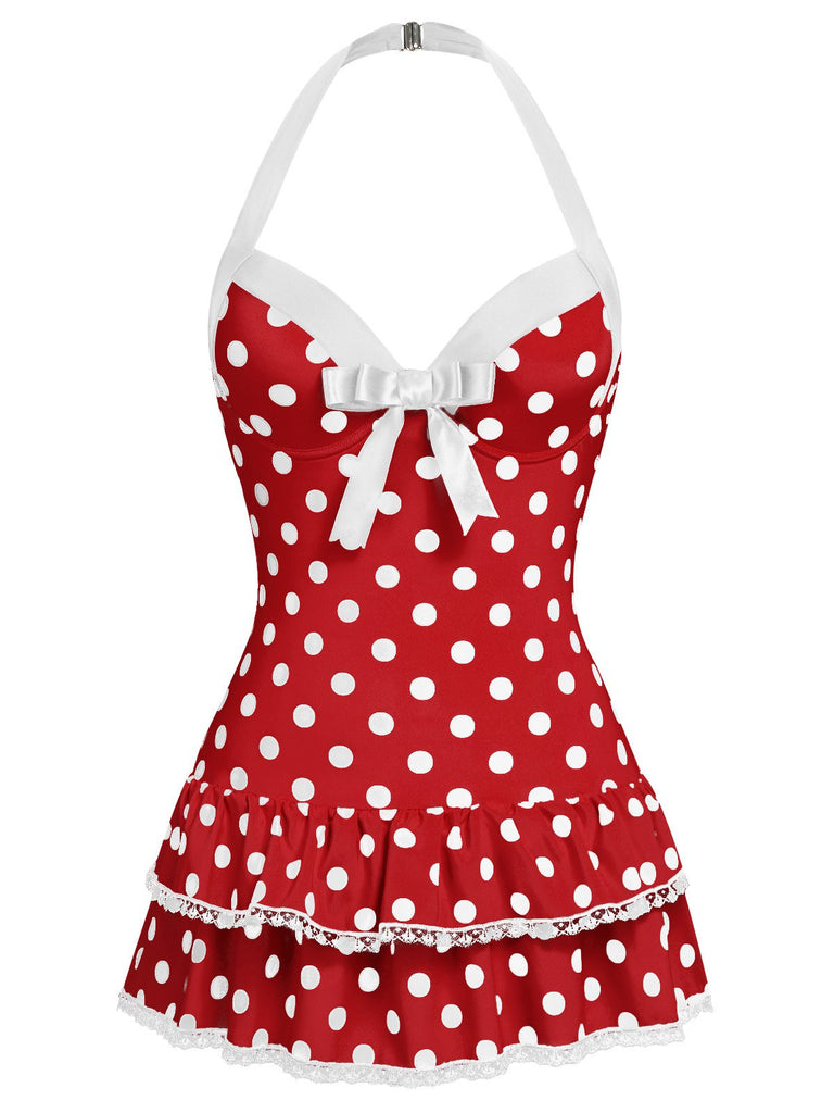 [Pre-Sale] Red 1940s Polka Dots Halter One-Piece Swimsuit