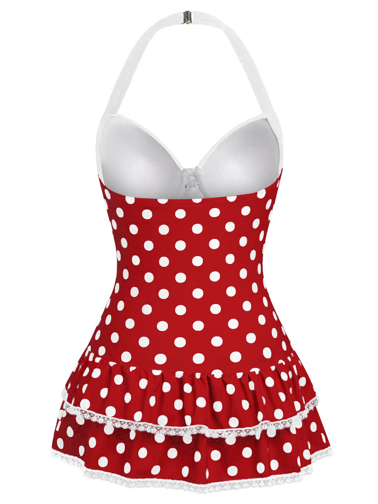[Pre-Sale] Red 1940s Polka Dots Halter One-Piece Swimsuit