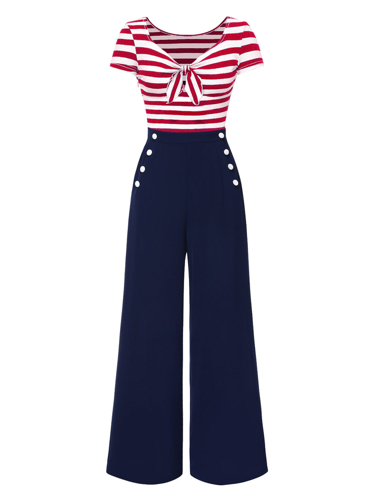 Blue 1950s Hollow Bow Stripe Patchwork Jumpsuit