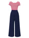 Blue 1950s Hollow Bow Stripe Patchwork Jumpsuit