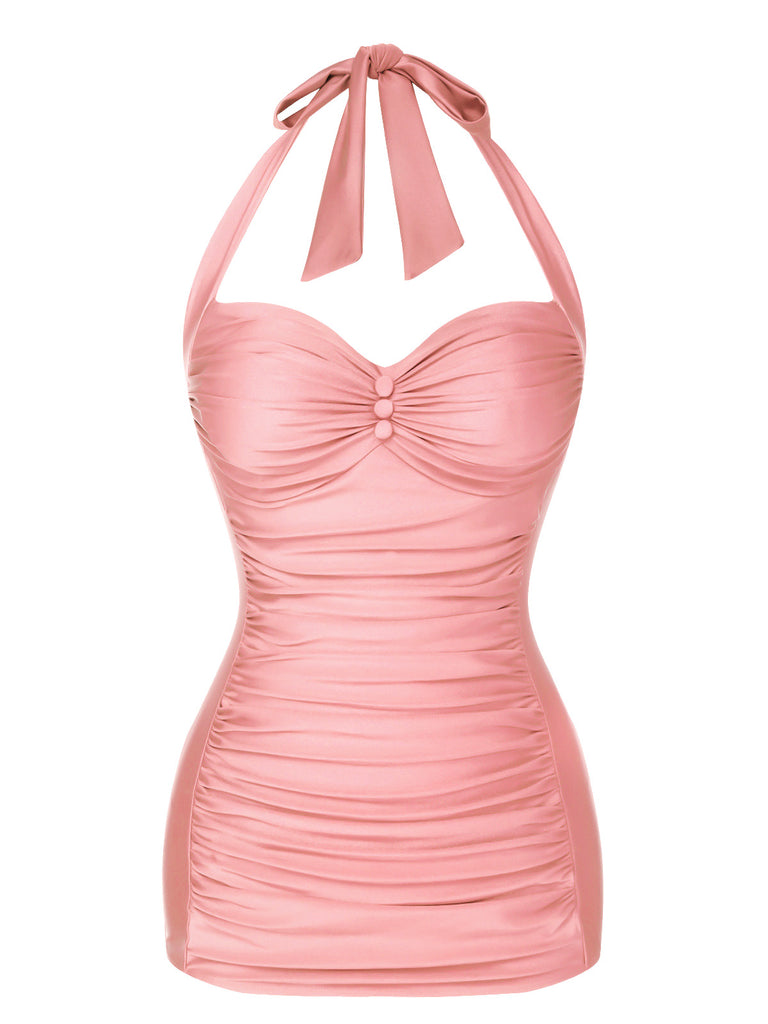 Red 1950s Solid Gathered Halter Swimsuit