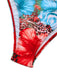 Close-up of the red floral section of the swimsuit fabric, highlighting the rich saturation and print quality.