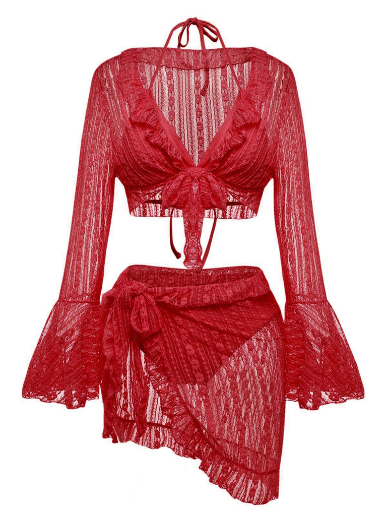 The 3-piece lace swim set in a bold red color, featuring a flared sleeve cardigan.
