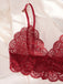 Close-up of the scalloped edge and floral lace detailing on the burgundy wireless bralette.