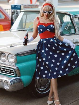 Navy Blue 1950s Stars Spaghetti Strap Dress