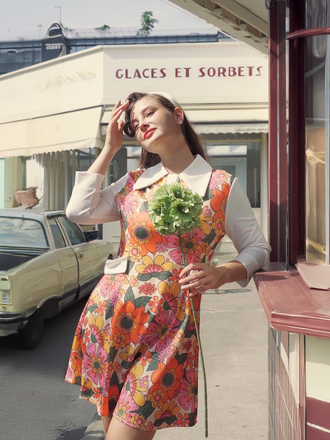 Orange 1960s Lapel Flowers Patchwork Dress