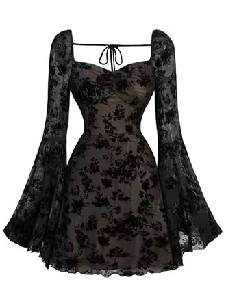 Black 1950s Lace Floral Bishop Sleeves Dress