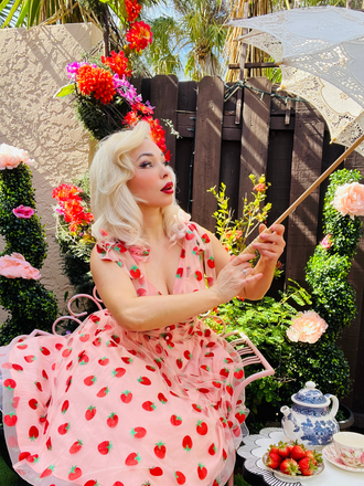 Pink 1950s Strawberry Mesh Swing Dress