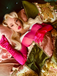 Pink 1960s Glitter Off-Shoulder Plush Wrinkle Dress