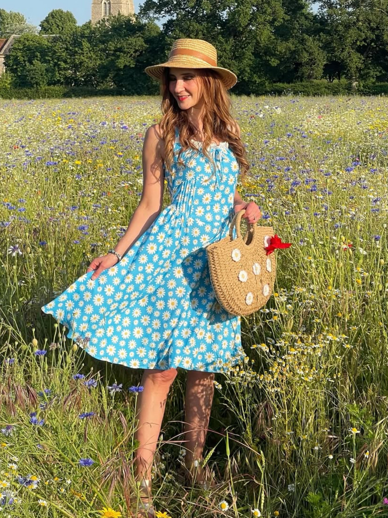 Blue 1950s Halter Lace Daisy Dress