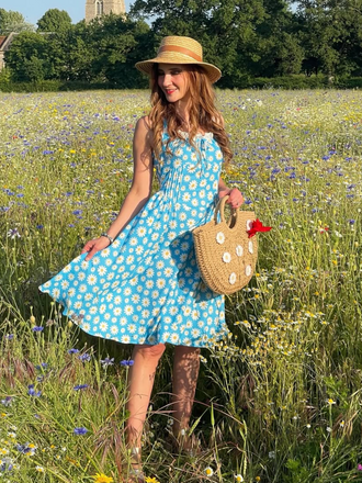 Blue 1950s Halter Lace Daisy Dress
