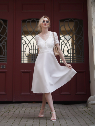 White 1940s V-Neck Lace Patchwork Dress