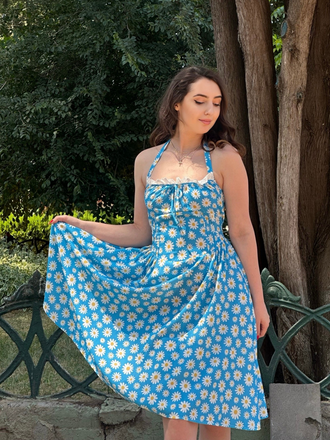 Blue 1950s Halter Lace Daisy Dress