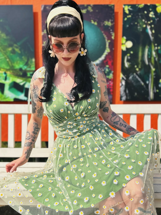 Green 1950s Daisy Mesh Swing Dress