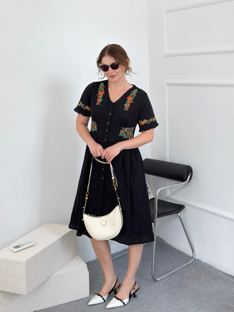 Pure Cotton Black 1940s V-Neck Floral Dress