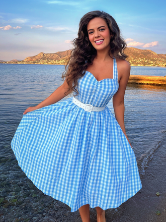 Light Blue 1950s Plaid Halter Swing Dress