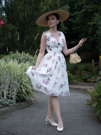 Pink 1940s Deep V-Neck Chiffon Rose Dress