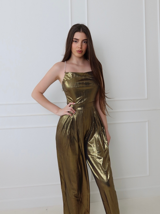 Metallic Gold 1980s Cowl Neck Spaghetti Strap Jumpsuit