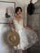 White 1950s Deep V-Neck Embroidered Floral Dress
