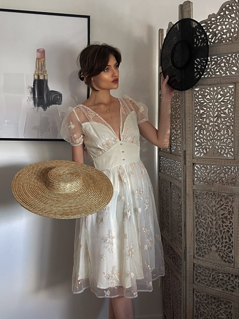 White 1950s Deep V-Neck Embroidered Floral Dress