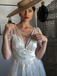 White 1950s Deep V-Neck Embroidered Floral Dress