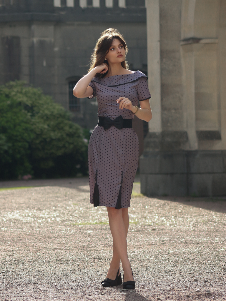 Gray 1960s Boat Neck Polka Dots Pencil Dress